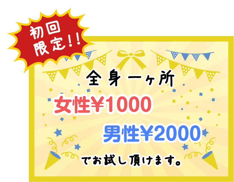 初回限定全身一ヶ所脱毛女性¥1000男性¥2000でお試し頂けます。